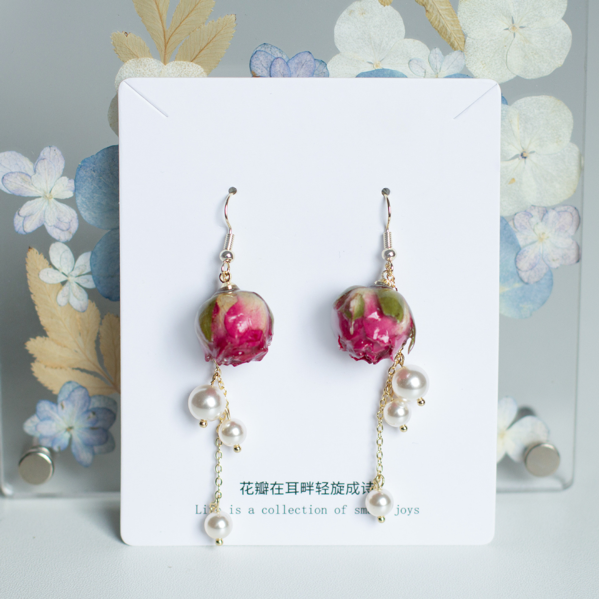 Pearl Earring Stud - Eleganti Orecchini con Rosa Immortale e